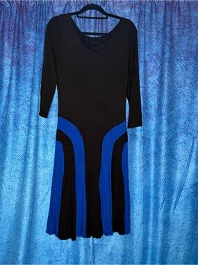 Lily Black Dress with Blue Panel Accents — Long Sleeve Fit-and-Flare